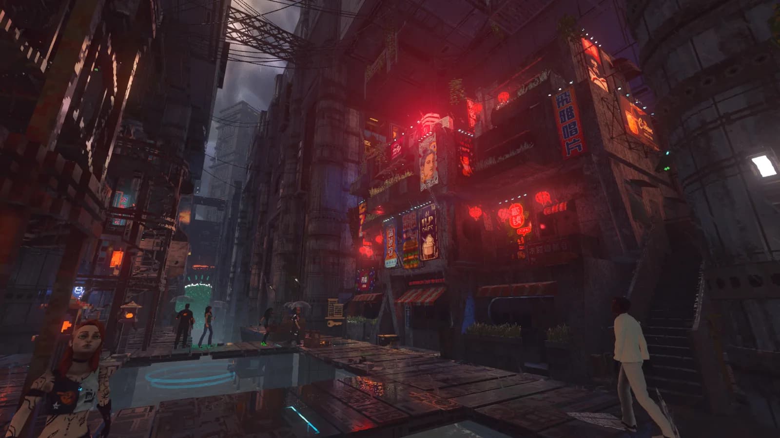 A rainy red-lit street in Nivalis