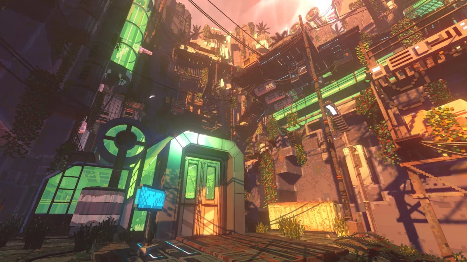 Greenhouse building in a neon-lit neighborhood