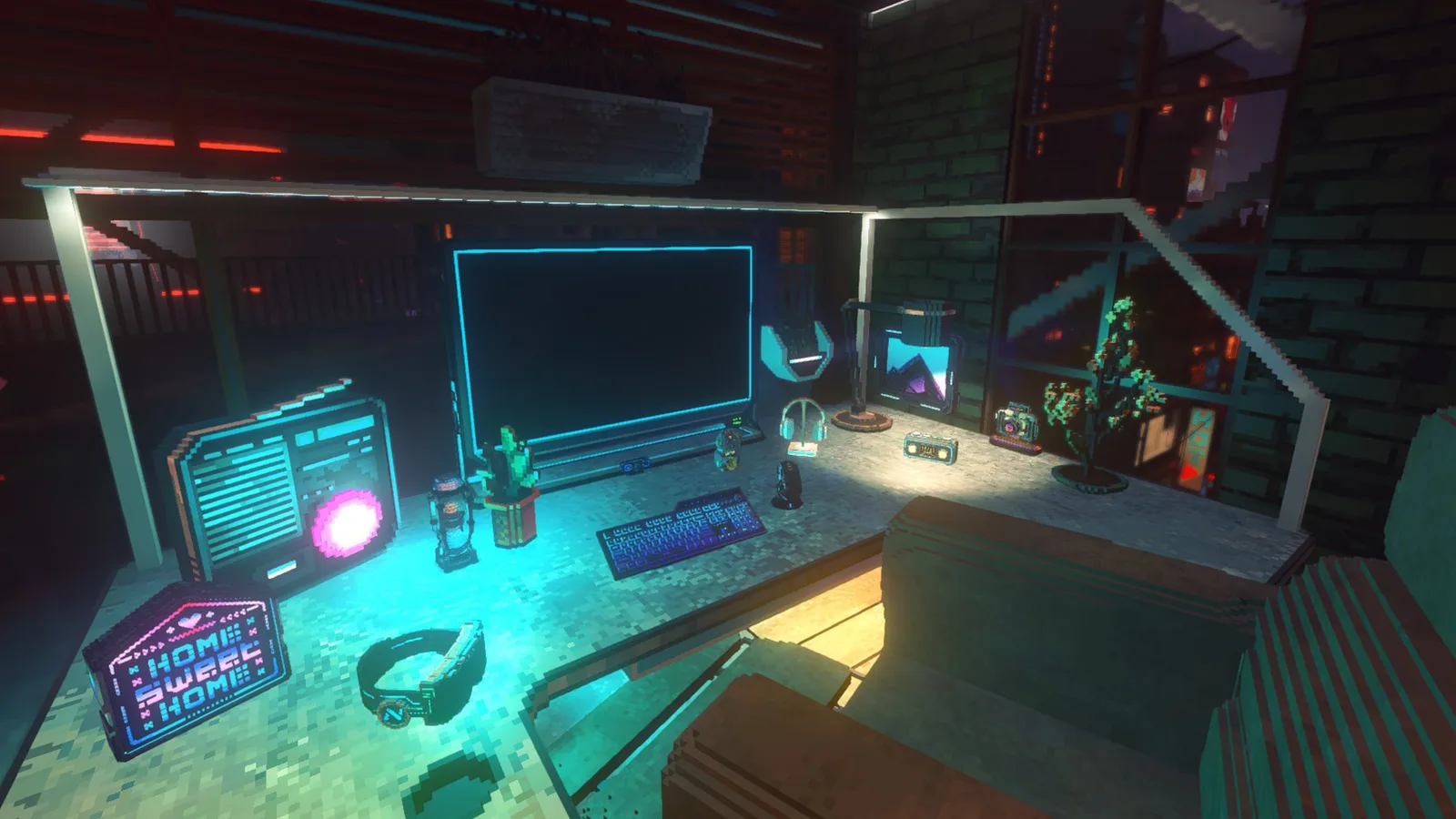 Desk and computer inside a compact apartment