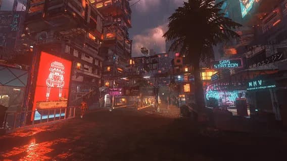 Neon-lit Seaside Boardwalk street