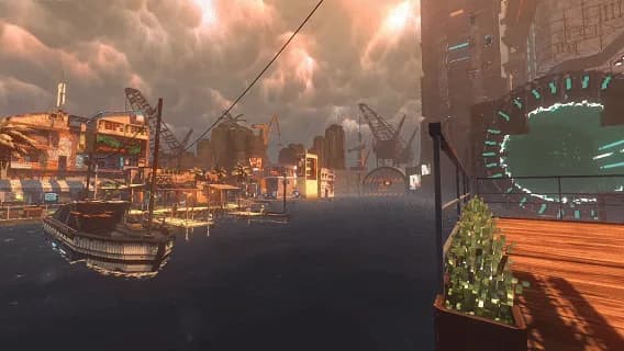 Seaside waterfront and elevated city buildings