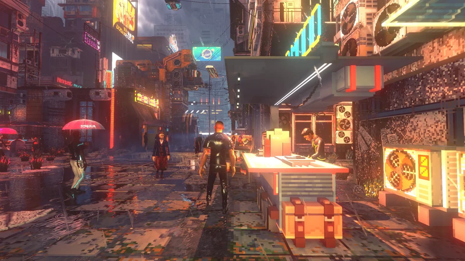 A street full of signs and food stalls