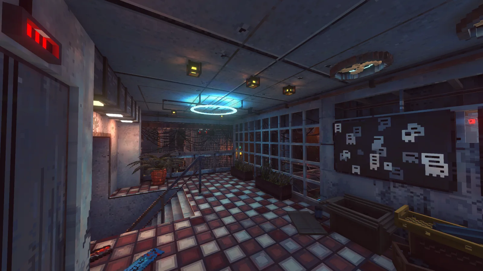 Restaurant kitchen with counters and checkerboard floor