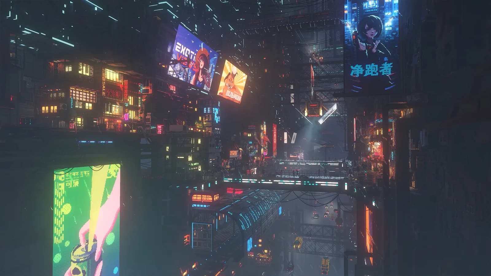 Neon signs reflected in the dark waterways of Nivalis