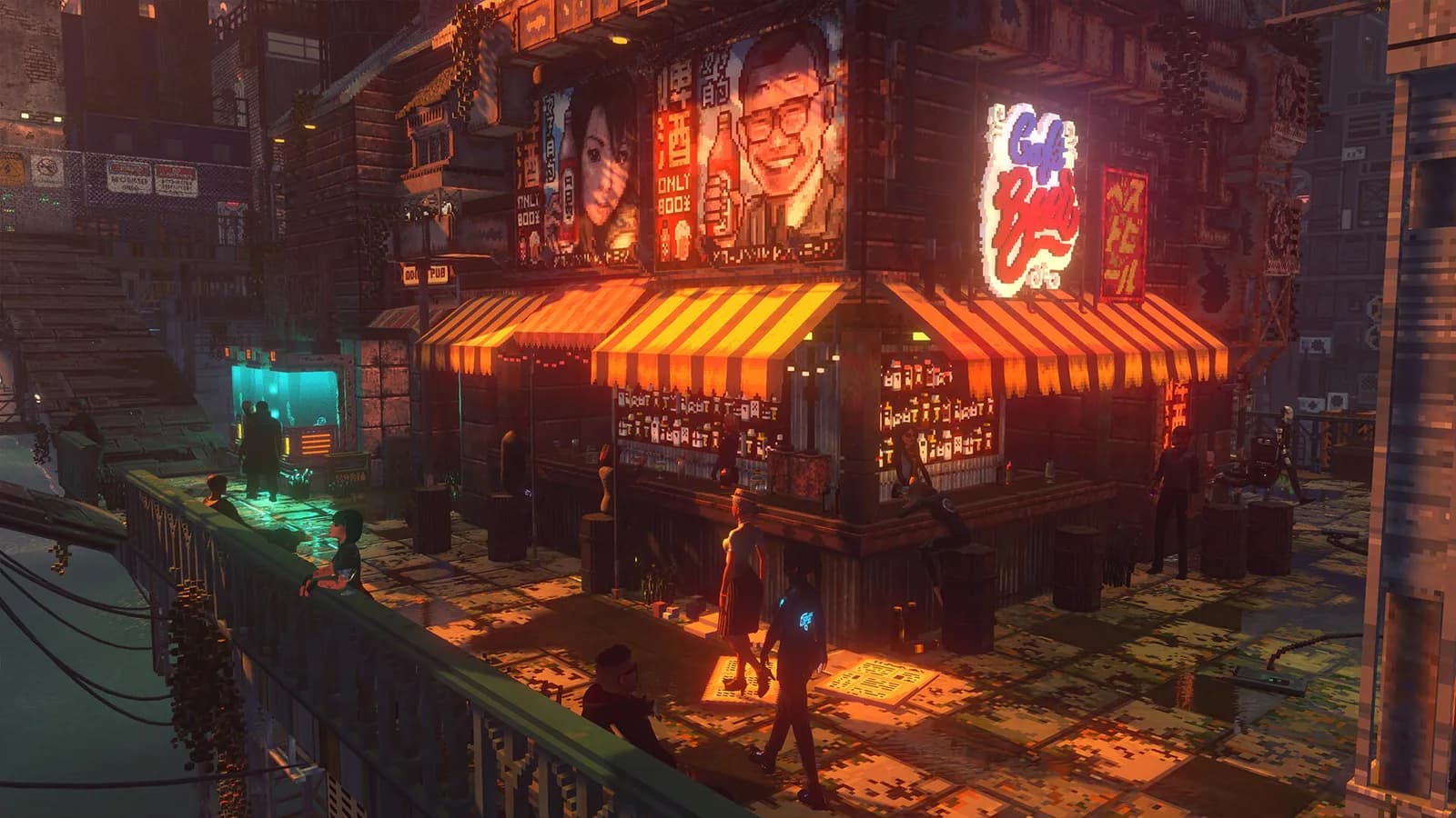 Amber-lit noodle shop on a rainy street corner