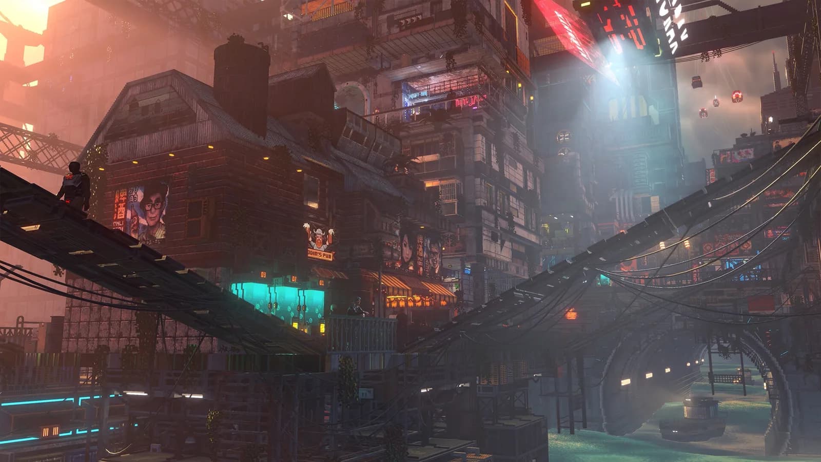 Layered city walkways at dusk