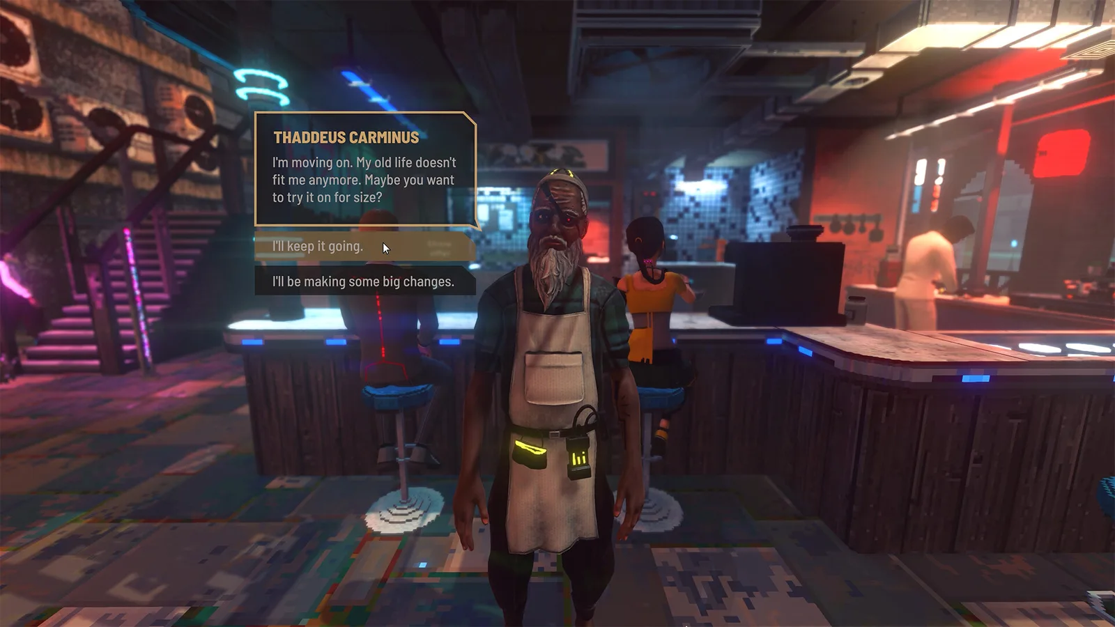 Conversation with a citizen at a neon-lit bar