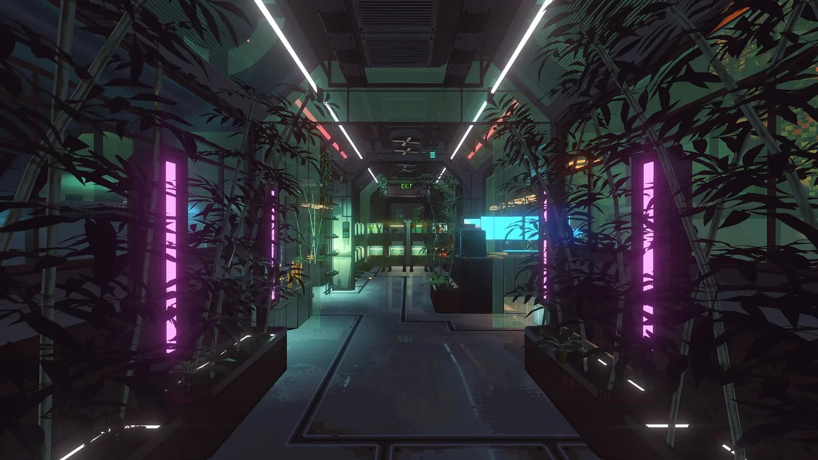 Indoor corridor with purple lighting