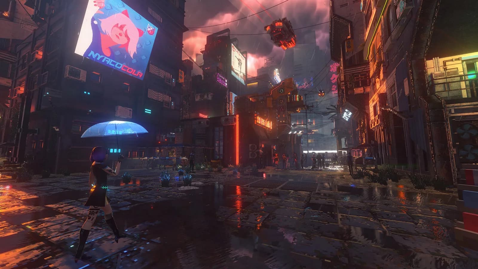 Crowded wet street illuminated by advertising